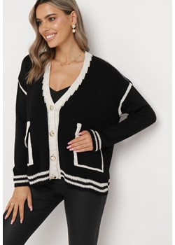 Czarny Sweter Kardigan Ozdobiony Kontrastowymi Lamówkami Sunje ze sklepu Born2be Odzież w kategorii Swetry damskie - zdjęcie 164529458