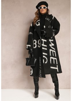 Czarny Luźny Płaszcz Wełniany w Ozdobny Nadruk Misganna ze sklepu Renee odzież w kategorii Płaszcze damskie - zdjęcie 164530848