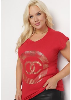 Czerwony Bawełniany T-shirt z Metalicznym Nadrukiem Lapur ze sklepu Born2be Odzież w kategorii Bluzki damskie - zdjęcie 164562999