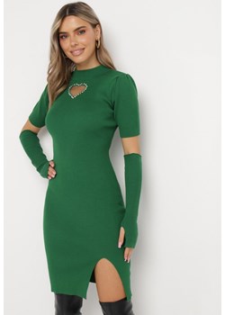 Zielona Dzianinowa Sukienka z Wycięciem w Kształcie Serca i Długimi Rękawiczkami Ghim ze sklepu Born2be Odzież w kategorii Sukienki - zdjęcie 164563069