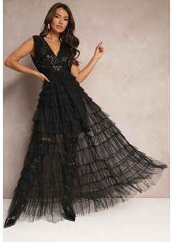 Czarna Maxi Rozkloszowana Sukienka z Kopertowym Dekoltem oraz Wiązaniem Buffega ze sklepu Renee odzież w kategorii Sukienki - zdjęcie 164569836