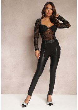 Czarne Spodnie Skinny z Imitacji Skóry i Paskiem Bisrattema ze sklepu Renee odzież w kategorii Spodnie damskie - zdjęcie 164569899