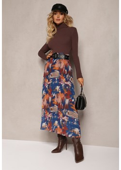 Granatowa Długa Spódnica Plisowana w Abstrakcyjny Malarski Wzór Ariamitta ze sklepu Renee odzież w kategorii Spódnice - zdjęcie 164570017