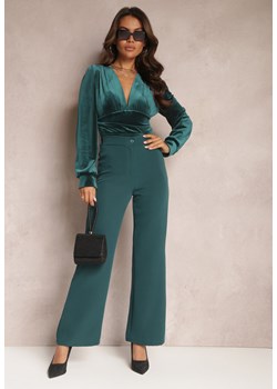 Ciemnozielone Szerokie Spodnie Materiałowe High Waist Dinnes ze sklepu Renee odzież w kategorii Spodnie damskie - zdjęcie 164570247