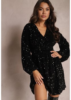 Czarna Połyskująca Sukienka Rozkloszowana Mini w Cekiny Meas ze sklepu Renee odzież w kategorii Sukienki - zdjęcie 164649757