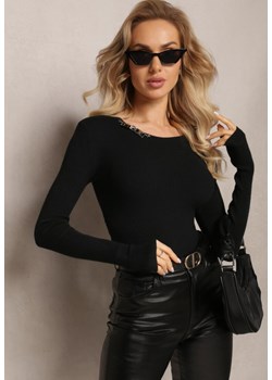 Czarny Klasyczny Sweter z Prążkowanej Dzianiny z Ozdobną Klamerką Idellia ze sklepu Renee odzież w kategorii Swetry damskie - zdjęcie 164681889