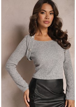 Szara Prążkowana Bluzka Sweter z Ozdobnymi Guzikami Dhekial ze sklepu Renee odzież w kategorii Swetry damskie - zdjęcie 164681939