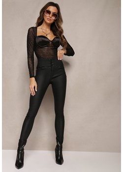 Czarne Spodnie z Imitacji Skóry z Marszczoną Talią i Guzikami Debnath ze sklepu Renee odzież w kategorii Spodnie damskie - zdjęcie 164687619