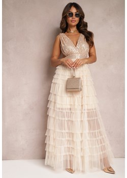 Beżowa Maxi Rozkloszowana Sukienka z Kopertowym Dekoltem oraz Wiązaniem Buffega ze sklepu Renee odzież w kategorii Sukienki - zdjęcie 164730705