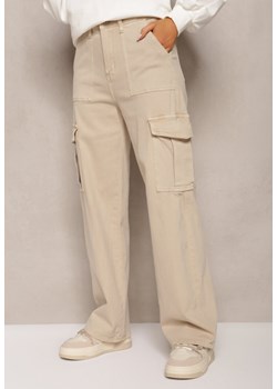 Jasnobeżowe Szerokie Jeansy z Bawełny High Waist w Stylu Bojówek Niaroa ze sklepu Renee odzież w kategorii Jeansy damskie - zdjęcie 164730717