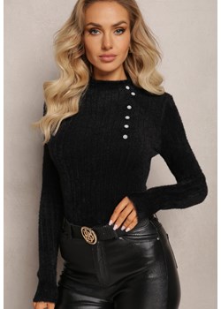 Czarny Wełniany Sweter z Biżuteryjnymi Guzikami i Dłuższym Włosiem Tuvelio ze sklepu Renee odzież w kategorii Swetry damskie - zdjęcie 164754656