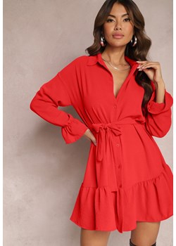 Czerwona Koszulowa Sukienka Mini z Falbanką i Wiązanym Paskiem Blisotta ze sklepu Renee odzież w kategorii Sukienki - zdjęcie 164789857