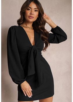Czarna Sukienka Mini z Trójkątnym Dekoltem z Wiązaniem i Bufiastymi Rękawami Hemiotta ze sklepu Renee odzież w kategorii Sukienki - zdjęcie 164797589