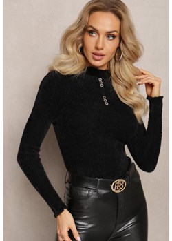 Czarny Futerkowy Sweter z Wełny z Półgolfem i Ozdobnymi Guzikami Zekluna ze sklepu Renee odzież w kategorii Swetry damskie - zdjęcie 164810608