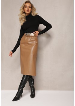 Beżowa Dopasowana Spódnica z Imitacji Skóry i Klamerką Poornam ze sklepu Renee odzież w kategorii Spódnice - zdjęcie 164877168