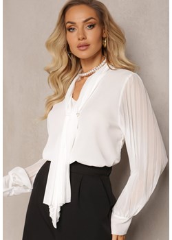 Biała Bluzka z Wiązaniem wokół Szyi i Plisowanym Rękawem Henokia ze sklepu Renee odzież w kategorii Bluzki damskie - zdjęcie 164877188