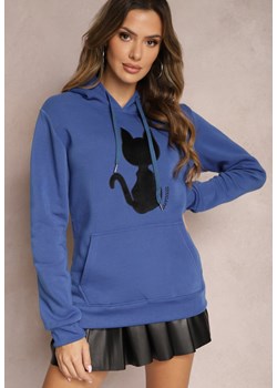 Niebieska Bluza Kangurka z Czarnym Kotem i Kapturem Hummi ze sklepu Renee odzież w kategorii Bluzy damskie - zdjęcie 164882686