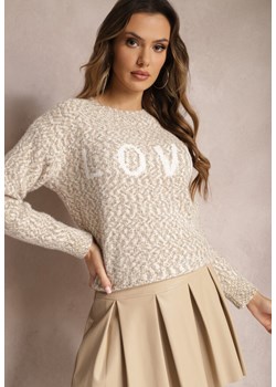 Beżowy Sweter z Ozdobnym Napisem Wykończony Ściągaczami Minisoji ze sklepu Renee odzież w kategorii Swetry damskie - zdjęcie 164899735