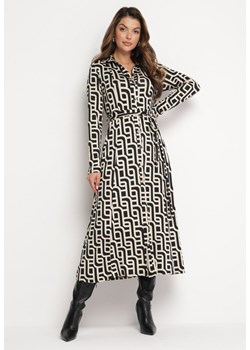 Beżowo-Czarna Koszulowa Sukienka Maxi w Geometryczny Wzór z Wiązanym Paskiem Gelama ze sklepu Born2be Odzież w kategorii Sukienki - zdjęcie 165003155