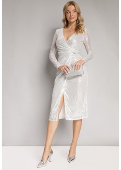 Biała Cekinowa Sukienka Midi z Kopertowym Dekoltem i Wiązaniem Hadora ze sklepu Born2be Odzież w kategorii Sukienki - zdjęcie 165003416