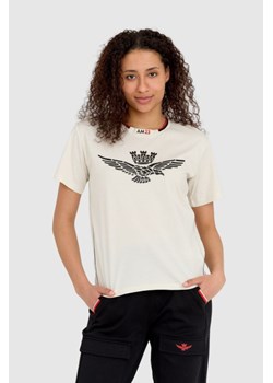 AERONAUTICA MILITARE Kremowy luźny t-shirt damski z wypukłym orłem Comfort Fit, Wybierz rozmiar XS ze sklepu outfit.pl w kategorii Bluzki damskie - zdjęcie 165008516