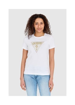 GUESS Biały t-shirt damski ze złotym haftowanym cyrkoniami logotypem slim fit, Wybierz rozmiar S ze sklepu outfit.pl w kategorii Bluzki damskie - zdjęcie 165008748