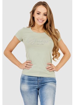 GUESS Jasnozielony t-shirt damski z logo i kryształkami, Wybierz rozmiar XS ze sklepu outfit.pl w kategorii Bluzki damskie - zdjęcie 165008898