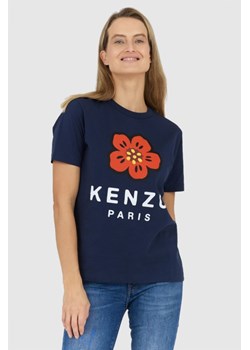 KENZO Granatowy t-shirt damski z czerwonym kwiatem, Wybierz rozmiar L ze sklepu outfit.pl w kategorii Bluzki damskie - zdjęcie 165009266