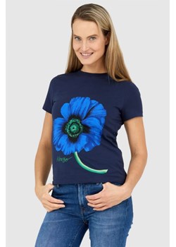 KENZO Granatowy t-shirt damski z niebieskim makiem, Wybierz rozmiar L ze sklepu outfit.pl w kategorii Bluzki damskie - zdjęcie 165009278
