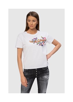 MOSCHINO Biały t-shirt z logo i kwiatami, Wybierz rozmiar XS ze sklepu outfit.pl w kategorii Bluzki damskie - zdjęcie 165009305