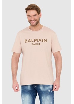 BALMAIN Beżowy t-shirt z aksamitnym logo flock and foil, Wybierz rozmiar 2XL ze sklepu outfit.pl w kategorii T-shirty męskie - zdjęcie 165013678