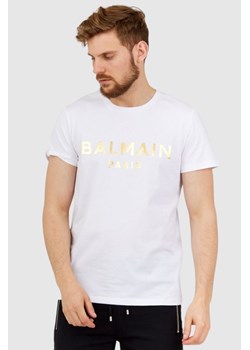 BALMAIN Biały t-shirt męski ze złotym logo, Wybierz rozmiar M ze sklepu outfit.pl w kategorii T-shirty męskie - zdjęcie 165013696
