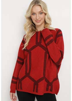 Czerwony Sweter z Geometrycznym Wzorem i Ściągaczami Buvania ze sklepu Born2be Odzież w kategorii Swetry damskie - zdjęcie 165034255