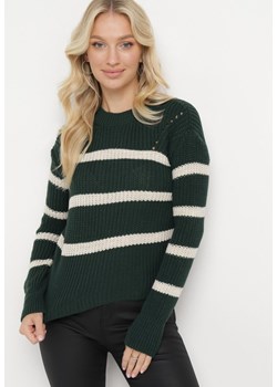 Ciemnozielony Sweter z Grubej Włóczki z Kontrastującymi Paskami Kilia ze sklepu Born2be Odzież w kategorii Swetry damskie - zdjęcie 165045458
