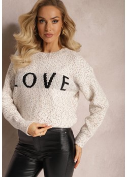 Jasnobeżowy Sweter z Ozdobnym Napisem Wykończony Ściągaczami Minisoji ze sklepu Renee odzież w kategorii Swetry damskie - zdjęcie 165045635