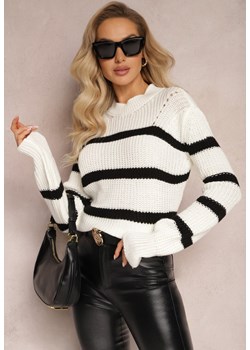 Biały Elastyczny Sweter w Paski z Okrągłym Dekoltem Lillana ze sklepu Renee odzież w kategorii Swetry damskie - zdjęcie 165045685