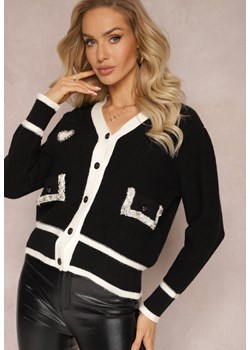 Czarny Wiskozowy Sweter Kardigan z Kontrastową Lamówką i Naszywkami Narjee ze sklepu Renee odzież w kategorii Swetry damskie - zdjęcie 165047709