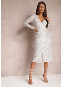 Biała Kopertowa Sukienka Midi z Drapowaniem Ozdobiona Cekinami Fendra ze sklepu Renee odzież w kategorii Sukienki - zdjęcie 165047839
