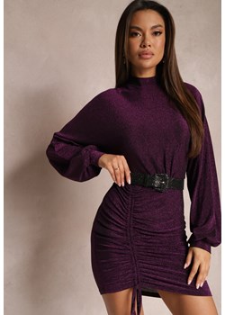 Fioletowa Dopasowana Sukienka z Metaliczną Nitką i Półgolfem Barxi ze sklepu Renee odzież w kategorii Sukienki - zdjęcie 165141687