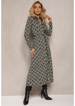 Zielona Koszulowa Sukienka Maxi w Geometryczny Wzór z Paskiem Oniufe ze sklepu Renee odzież w kategorii Sukienki - zdjęcie 165143165