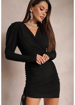 Czarna Metaliczna Sukienka Mini z Kopertowym Dekoltem z Drapowaniem i Bufiastymi Rękawami Ohema ze sklepu Renee odzież w kategorii Sukienki - zdjęcie 165152628