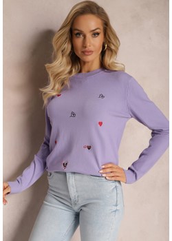 Jasnofioletowy Sweter z Kaszmirem i Haftem w Serca Buvia ze sklepu Renee odzież w kategorii Swetry damskie - zdjęcie 165152758