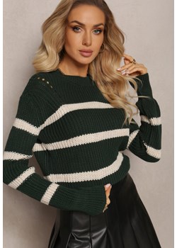 Ciemnozielony Elastyczny Sweter w Paski z Okrągłym Dekoltem Lillana ze sklepu Renee odzież w kategorii Swetry damskie - zdjęcie 165152778