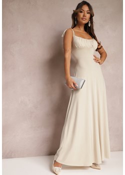 Jasnobeżowa Długa Sukienka z Marszczonym Dekoltem i Wiązanymi Ramiączkami Rozvita ze sklepu Renee odzież w kategorii Sukienki - zdjęcie 165152798