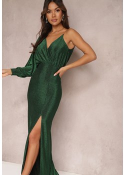 Zielona Połyskująca Sukienka Maxi o Asymetrycznym Fasonie z Trójkątnym Dekoltem i Rozcięciem Imisnna ze sklepu Renee odzież w kategorii Sukienki - zdjęcie 165159705