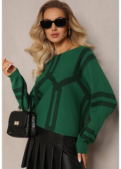 Ciemnozielony Sweter z Okrągłym Dekoltem i Wzorem w Paski Busso ze sklepu Renee odzież w kategorii Swetry damskie - zdjęcie 165207399