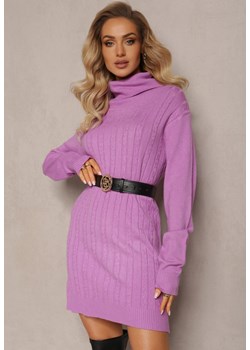 Fioletowy Długi Golf z Kaszmirem i Zdobieniami na Dzianinie Juvie ze sklepu Renee odzież w kategorii Sukienki - zdjęcie 165207429