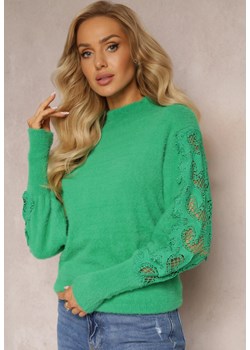 Zielony Puchaty Sweter Golf Ozdobiony Ażurową Koronką na Rękawach Agenna ze sklepu Renee odzież w kategorii Swetry damskie - zdjęcie 165245415