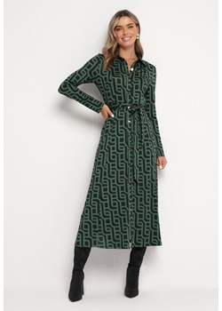 Zielona Koszulowa Sukienka Midi w Geometryczny Wzór z Wiązanym Paskiem Gelama ze sklepu Born2be Odzież w kategorii Sukienki - zdjęcie 165356266
