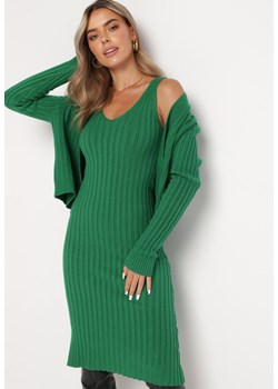 Zielony Komplet z Prążkowanej Dzianiny z Kardiganem i Sukienką Elarisa ze sklepu Born2be Odzież w kategorii Komplety i garnitury damskie - zdjęcie 165356316